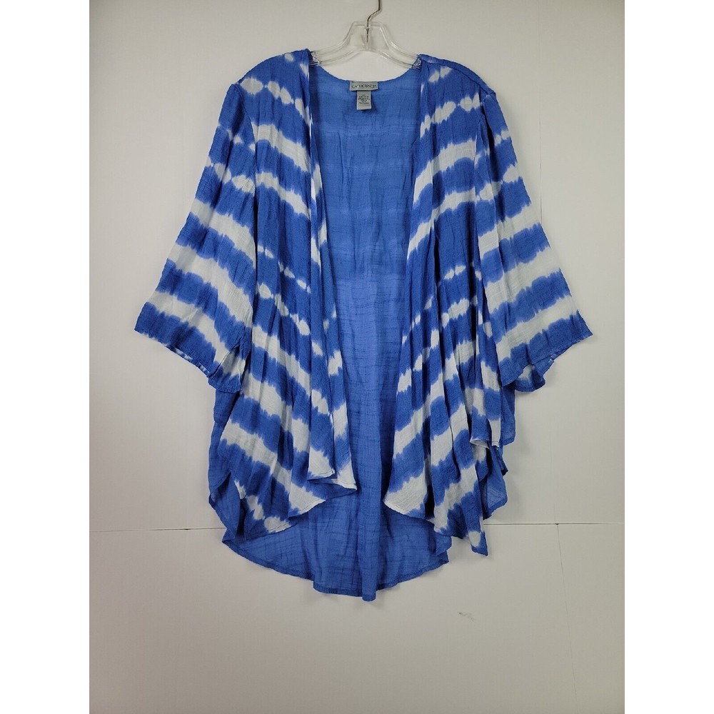 Catherines womens cardigan size 2X blue white open front beach 3/4 sleeves